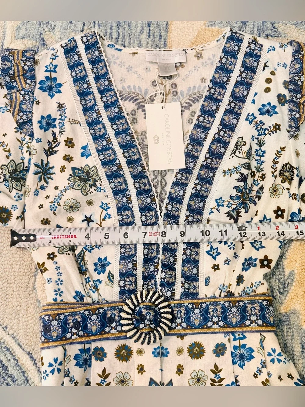 NWT Caroline Constas Romper M Linen Blnd Floral Palm White Blue Beaded Belt Chic